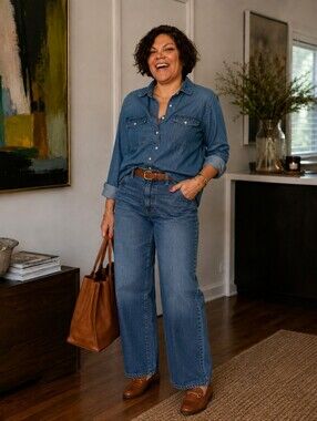 Chico's Chambray Button-Up Shirt in Medium Blue